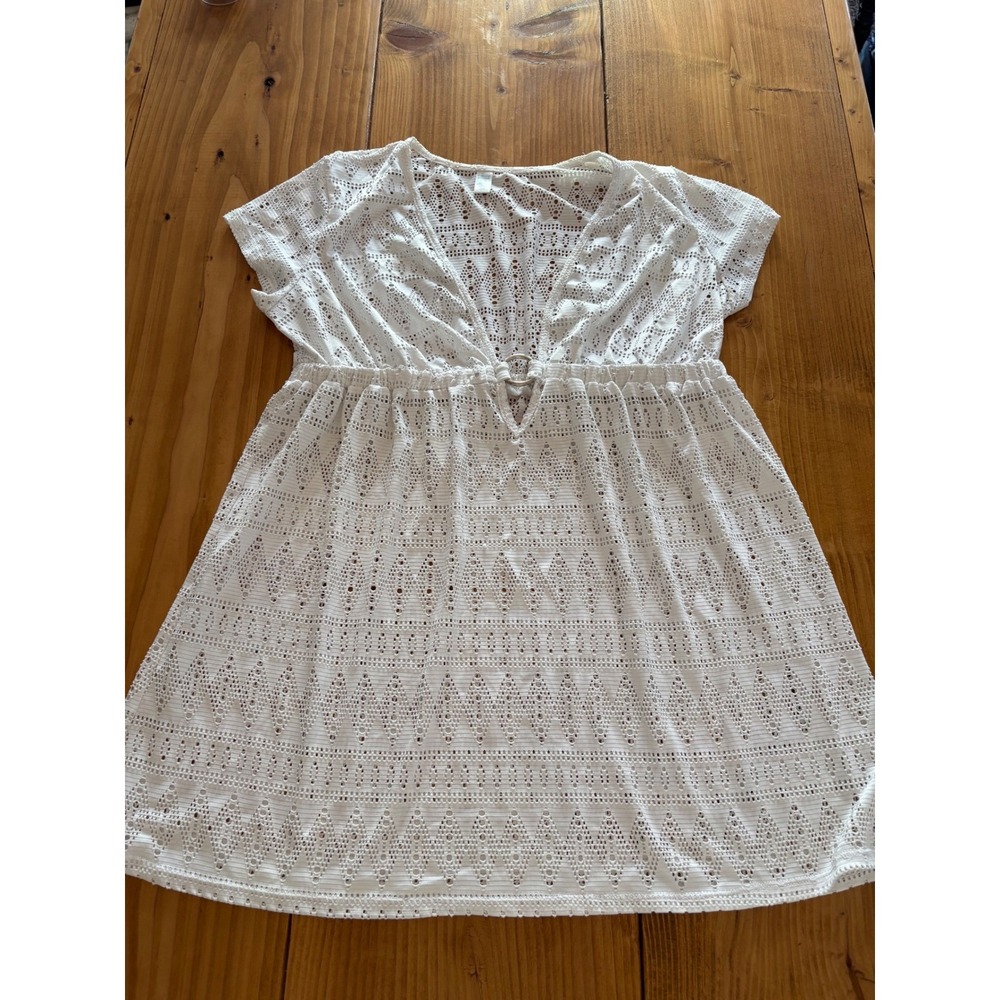 White Crochet Lace Swim Cover Up Dress XL Womens O-Ring Tropical Escape